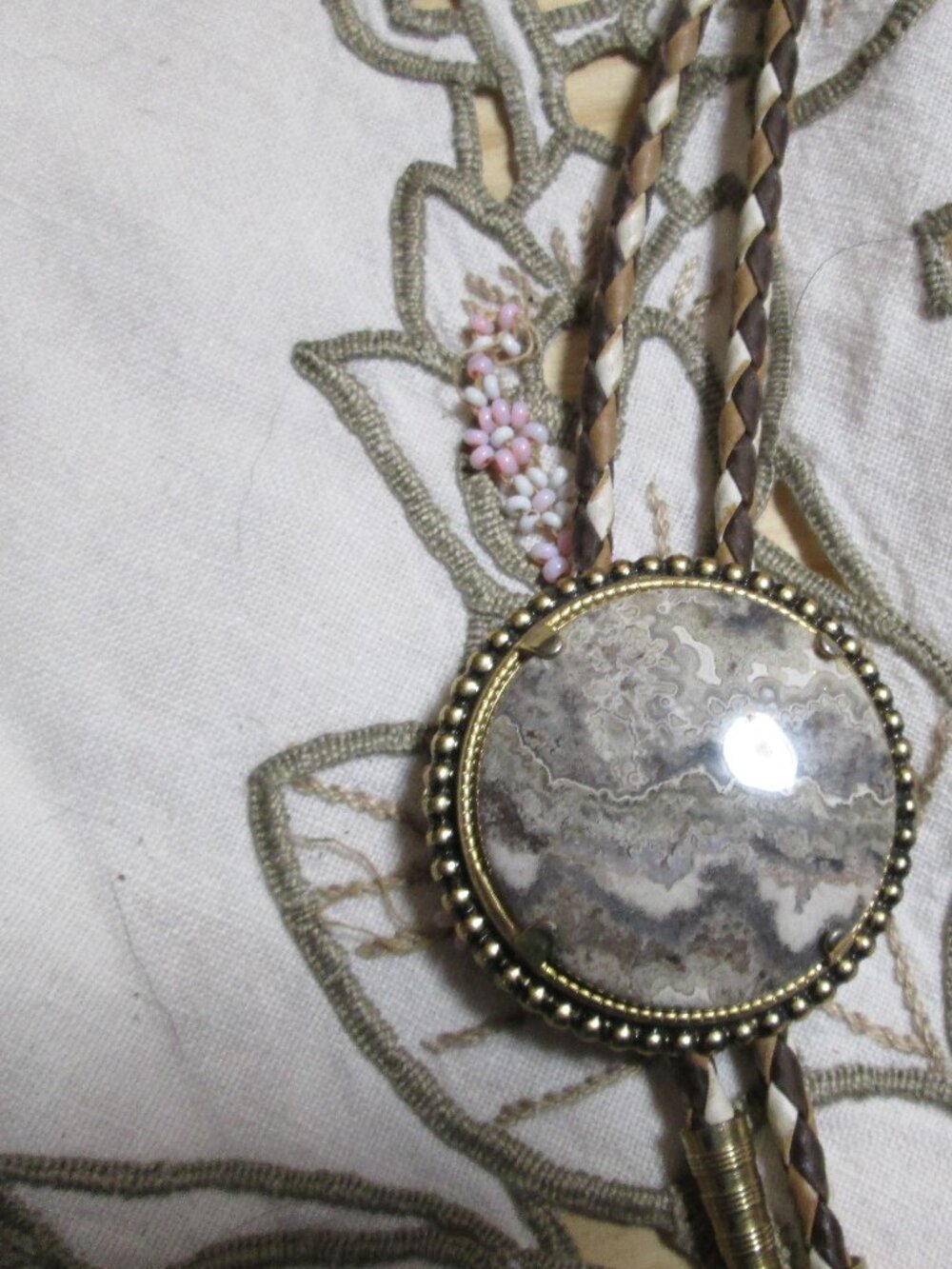 vtg 60s bolo cowboy necklace real stone set in brass wit facet brass tips